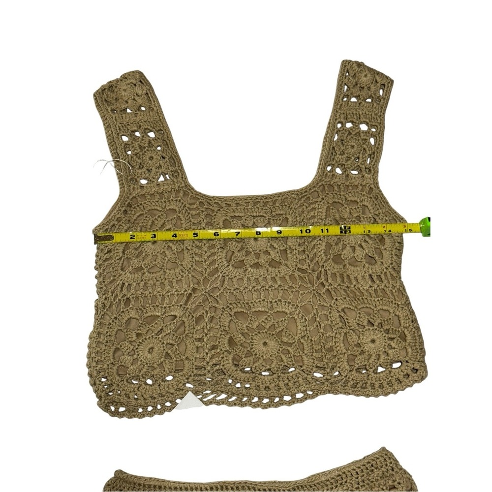 Lnable by Mable Tan Crochet Matching Set Crop Top Mini Skirt Boho Festival M - Picture 5 of 13